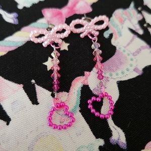 Kawaii pink earrings with cutout heart and bow, ombre beads